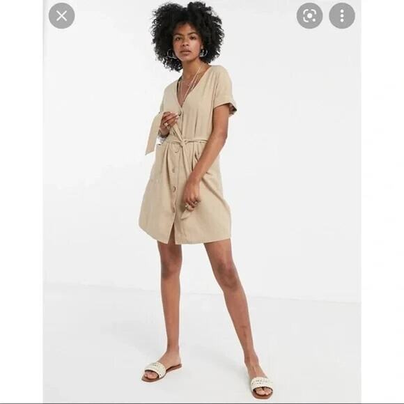 Zara Sand Short Linen Blend Dress With Belt Size S - Picture 5 of 9